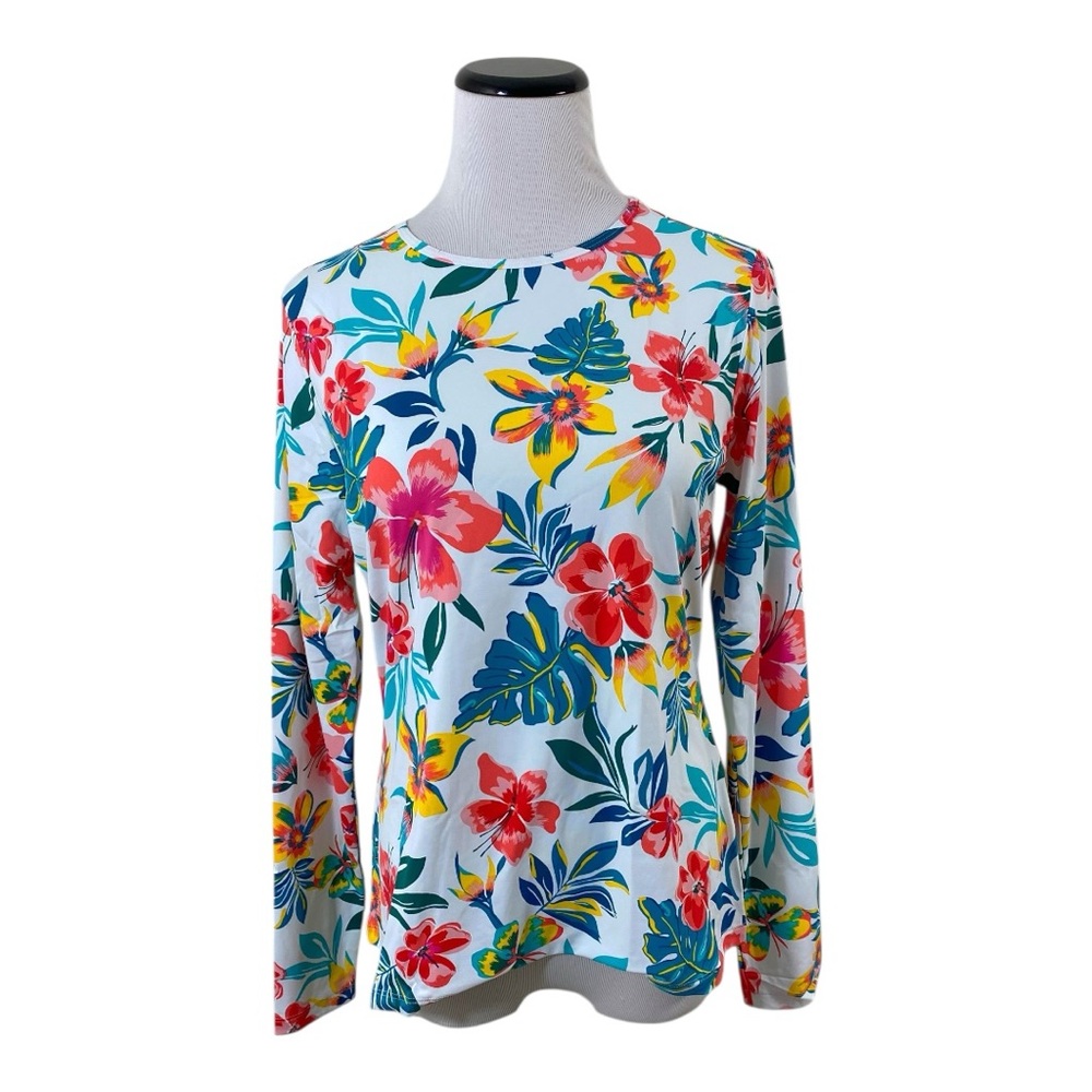 Lands End Rash Guard Athletic Swim Shirt Sz S White Floral Tropic Swim T UPF 50